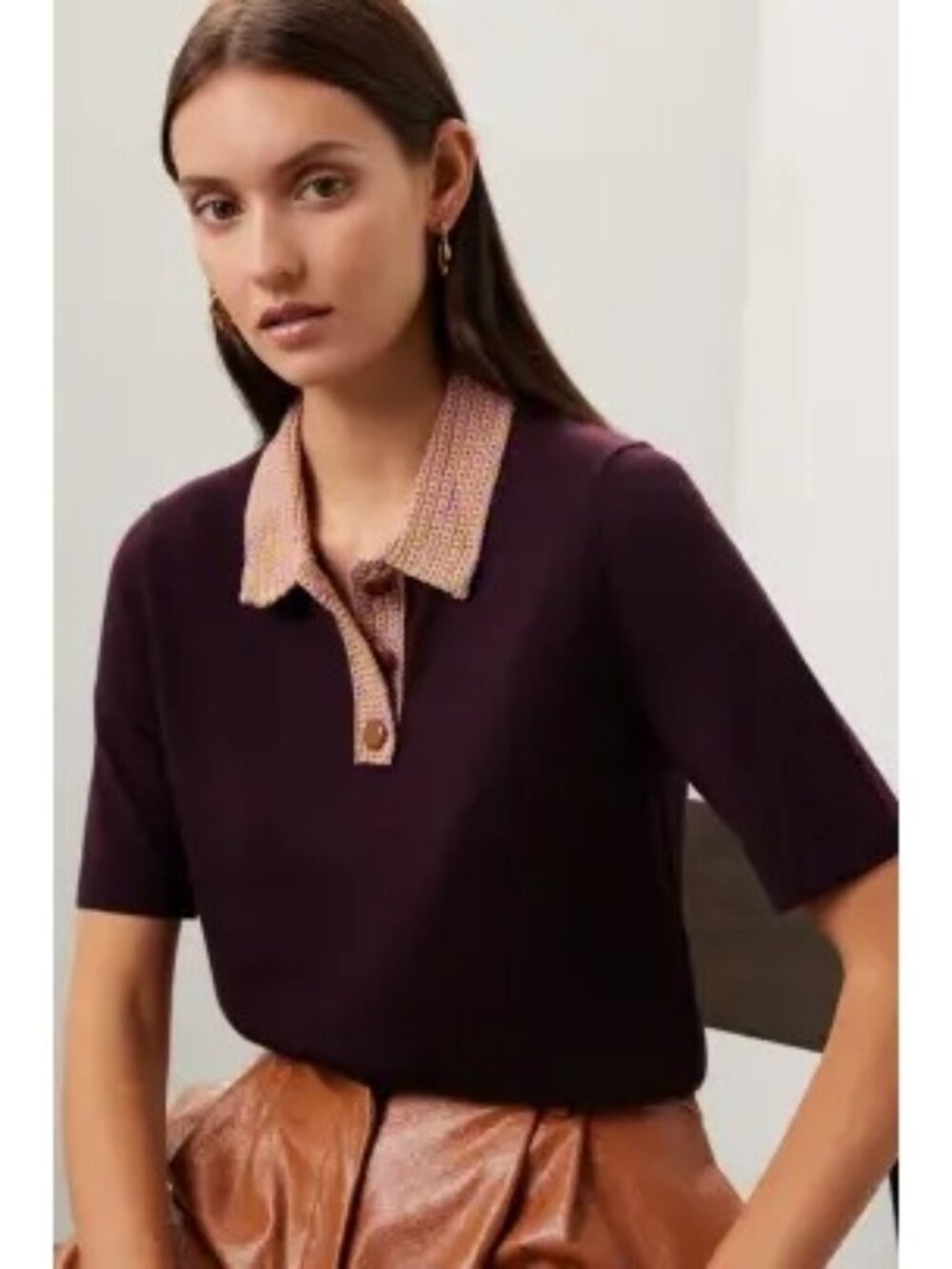 Tory Burch Plum Short-Sleeve Polo with Beige Contrast Collar